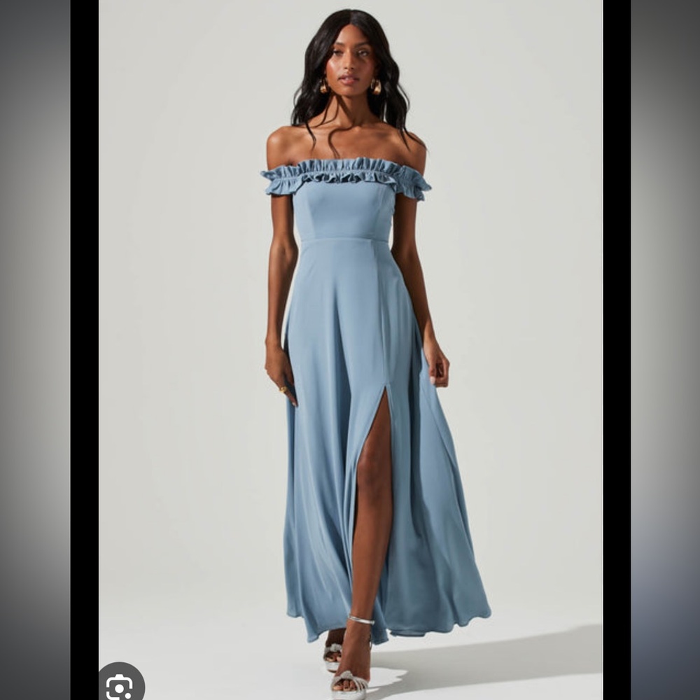 ASTR The Label Venetia Off Shoulder Ruffle Trim Maxi Dress in steel blue worn 1